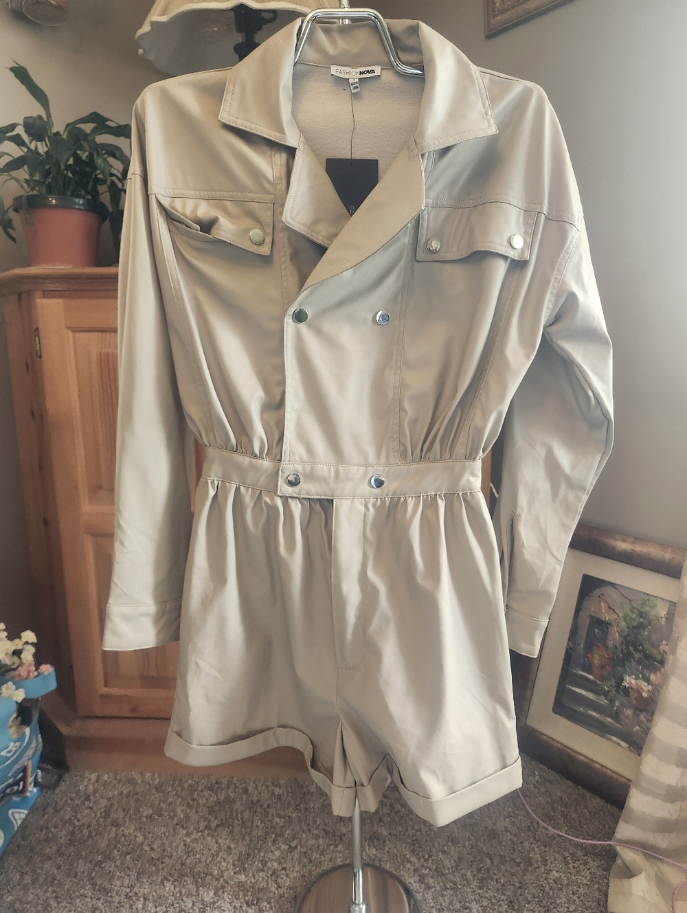 Fashion Nova Beige Utility Romper Jacket